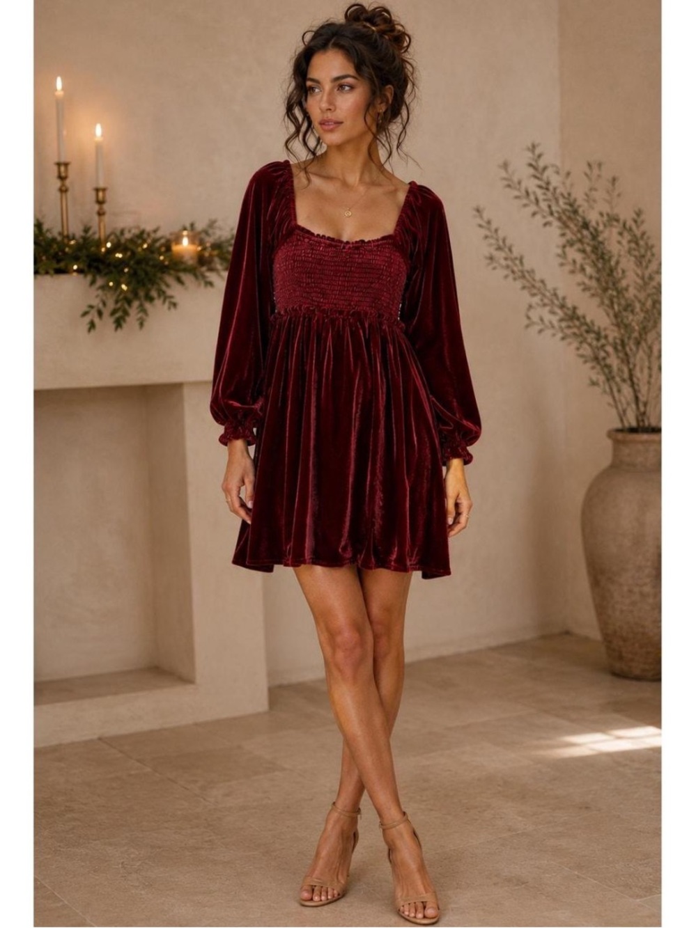Free People Daphne Velvet Babydoll Dress Smocked Renaissance Whimsigoth Sz M